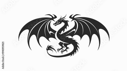 Silhouette of a dragon with spread wings isolated on white background