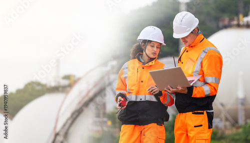 Schilderij op canvas Technical team in safety uniform discussing maintenance plan at fuel storage fac