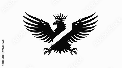 Black eagle crest with crown and wings spread on white background