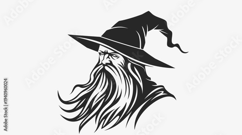 Wise wizard portrait with long beard and pointed hat silhouette