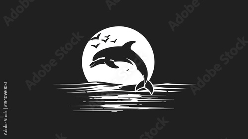 Dolphin leaping silhouette against moon and sea vector illustration in black and white