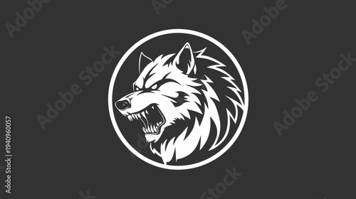Graphic illustration of a detailed wolf head inside a white circle on gray background