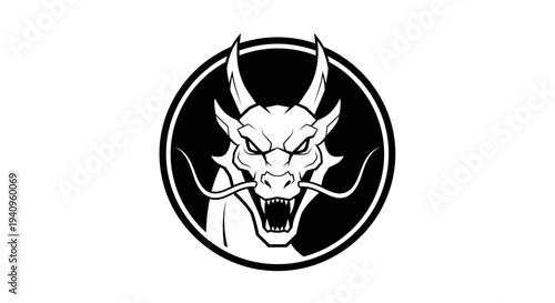 Stylized dragon head in a circle black and white illustration