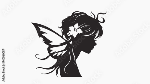 Silhouette of a fairy with butterfly wings and flower in hair design