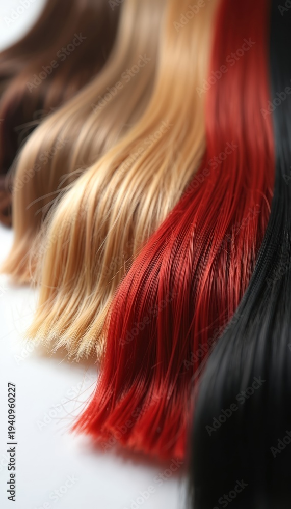 Naklejka premium Color samples of hair strands laid out in a row. Includes brown, blonde, red, and black shades. Shows hair dye options and beauty salon selection variety.