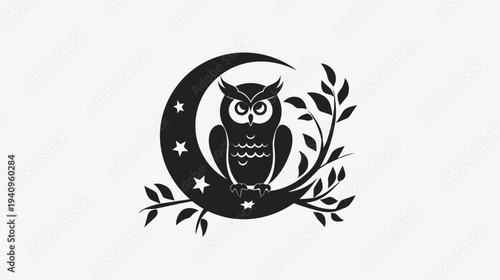 Obraz premium Owl silhouette perched on crescent moon with stars and foliage vector illustration