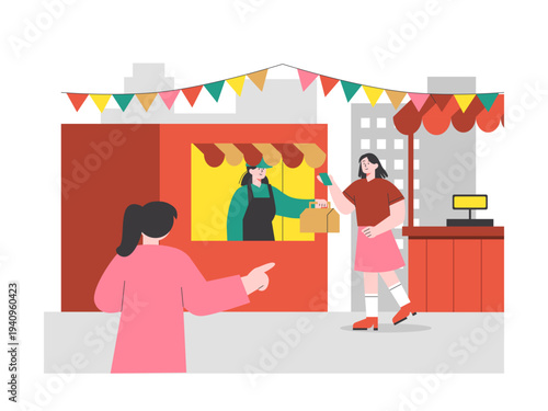 A vendors serving customers from colorful stalls decorated with bunting flags. Asian street food illustrations. Flat vector concept.
