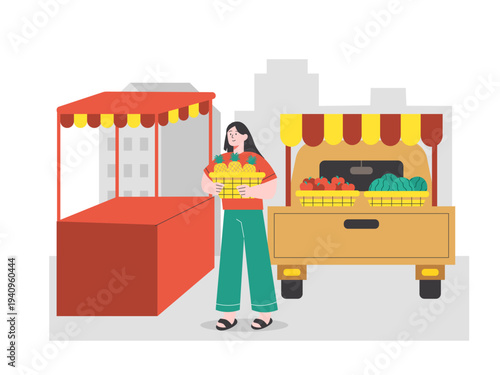 A vibrant farmer's market scene featuring a vendor with a stall and a vehicle. Asian street food illustrations. Flat vector concept.