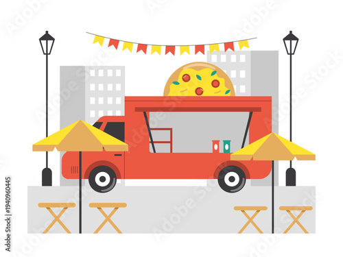 A pizza food truck parked on a city street. Asian street food illustrations. Flat vector concept.