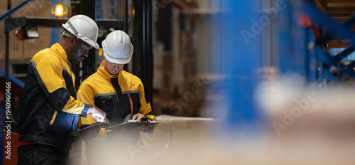 Two warehouse workers wearing safety helmets reviewing inventory checklist and logistics data in distribution center. Employees inspecting cargo and managing operations.