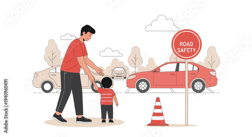 Father teaching child road safety, crossing street carefully with traffic and sign