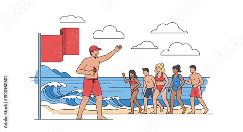 Lifeguard directs swimmers at beach with red flag, warning of rough seas
