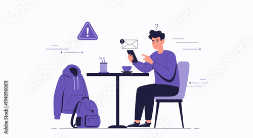 Man checking phone at cafe with backpack and hoodie, notification icons