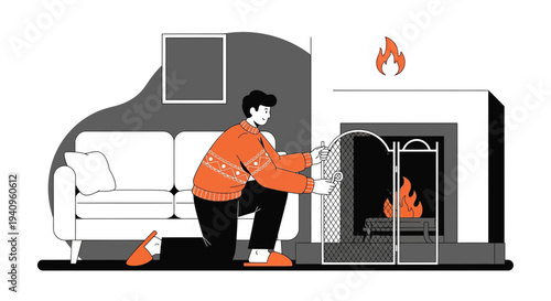 Man in cozy sweater tending to a warm fireplace, winter home comfort, hygge concept
