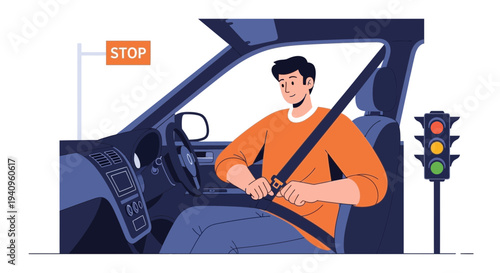 Man fastening seatbelt in car, traffic light and stop sign visible, safety concept