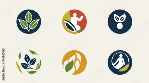 Abstract circular logo designs featuring leaves and figures in various colors