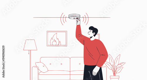Man installing smoke detector on ceiling, home safety, fire prevention concept