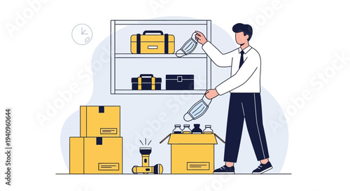 Man organizing medical supplies, boxes, masks, and bottles in storage