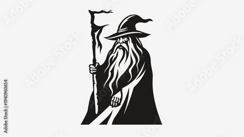Wise wizard holding staff depicted in black and white silhouette
