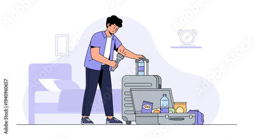 Man packing suitcase for travel, preparing for vacation, organizing luggage at home