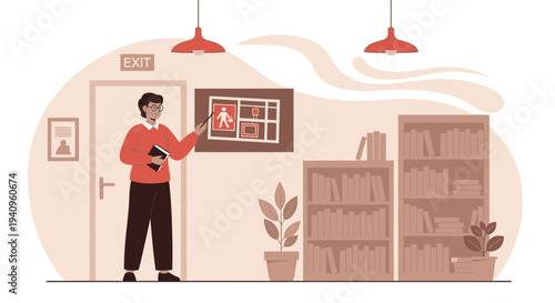 Man presenting evacuation plan in office with exit sign and bookshelves