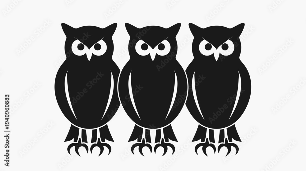 Fototapeta premium Three stylized black owls on a white background suitable for various design projects