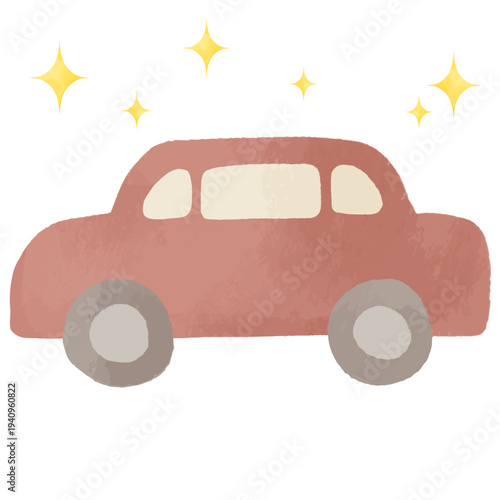 キラキラ輝く水彩風の赤い車イラスト｜自動車・乗用車・交通・ドライブ・移動・モビリティ・ベクター