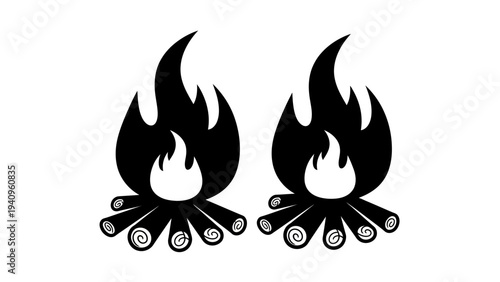 Black and white campfire illustration with flames and wood logs on white background