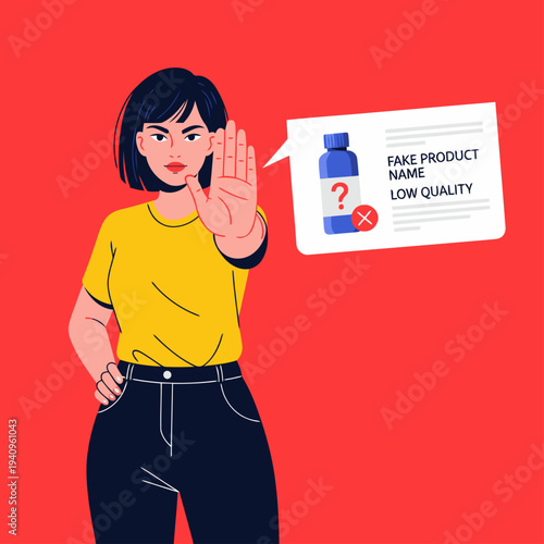 A young woman blocks a product listing with a ?Reject Fake? gesture, highlighting low quality. Bold colors and a modern illustration style create a strong visual statement.