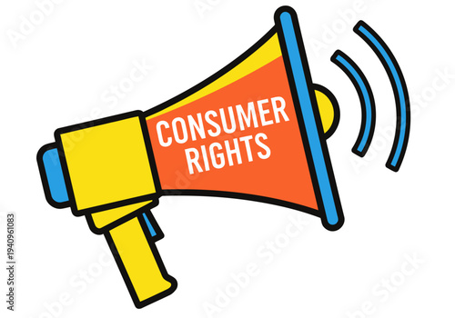 Bold megaphone graphic proclaims 'Consumer Rights.' Vibrant orange background emphasizes clear communication and advocacy. Modern, illustrative design for commercial use.