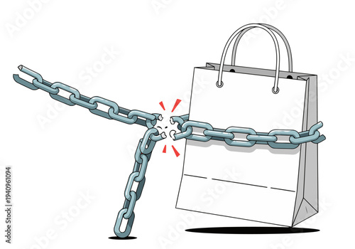 A bold graphic breaks chains from a shopping bag, symbolizing consumer freedom. Vibrant red background emphasizes the message. Modern, impactful illustration.