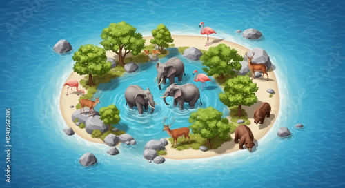 Top-view illustration of a vibrant island ecosystem with diverse wildlife, including elephants and marine animals, surrounded by ocean waters and featuring lush trees and rocks.