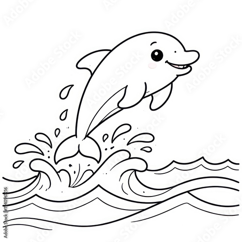 a cheerful cartoon Dolphin jumping out of smooth waves.