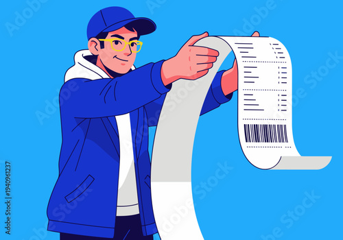 A young man confidently holds a receipt, displaying ?Know Rights Stand Strong?. Modern illustration style, bright blue background, conveying empowerment and awareness.