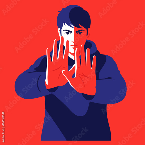 A young man fiercely protects his face, raising his hands in a stop gesture. Bold colors and graphic style. Refuse hidden fee.