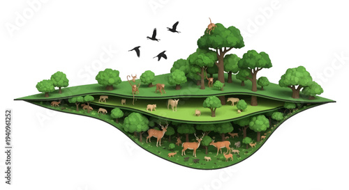 3D vector illustration of a cross-section of a forest ecosystem with wildlife, showcasing marine and terrestrial animals in their natural habitats on a white background.