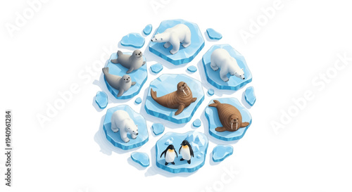 Top-view illustration of various marine animals and wildlife characters on ice floes, set against a white background with a design concept for a world wildlife event or educational material.