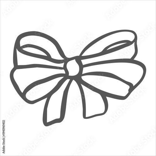 Whimsical bow from ribbon vector graphic illustration. Isolated doodle of vintage textile decoration for coquettecore design. Hand drawn silk tied streamer for card, birthday, wedding, Valentines.
