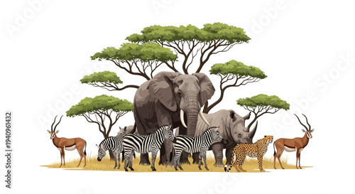 Illustration of a diverse wildlife scene with an elephant, zebra, and antelopes under trees on a sunny day in a savannah landscape.