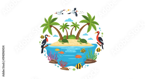 A vibrant illustration of a tropical island with palm trees, colorful marine life, and exotic birds, set against a clean white background in a top view 3D vector design.