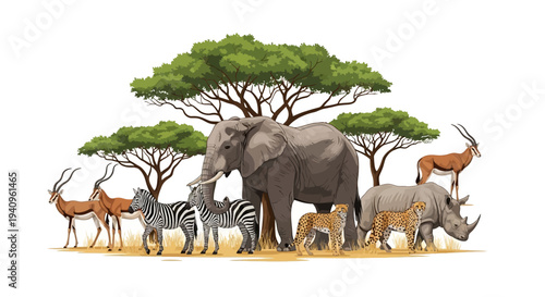 Vector illustration of various African wildlife animals, including an elephant, zebra, and antelopes, standing under trees on a savannah, set against a clean white background.