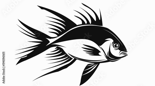 Stylized illustration of a fish in black and white design on white background