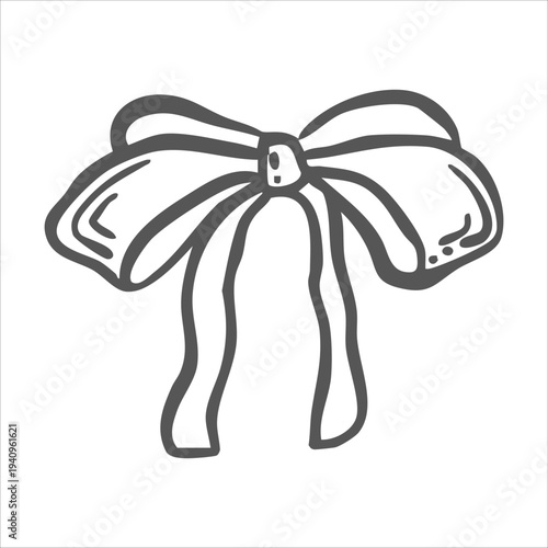 Whimsical bow from ribbon vector graphic illustration. Isolated doodle of vintage textile decoration for coquettecore design. Hand drawn silk tied streamer for card, birthday, wedding, Valentines.