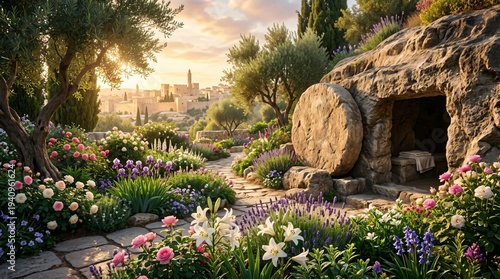 The Empty Tomb of Jesus Christ at Sunrise – Resurrection Flowers & Holy Land Scene