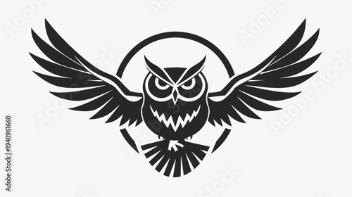 Black and white owl illustration with spread wings vector design