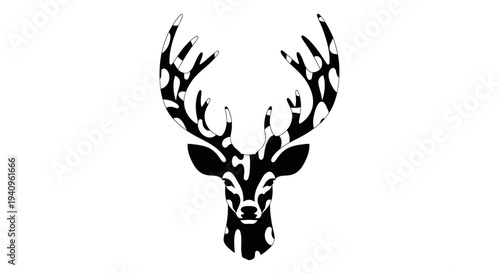 Black and white deer head silhouette illustration with unique spotted pattern