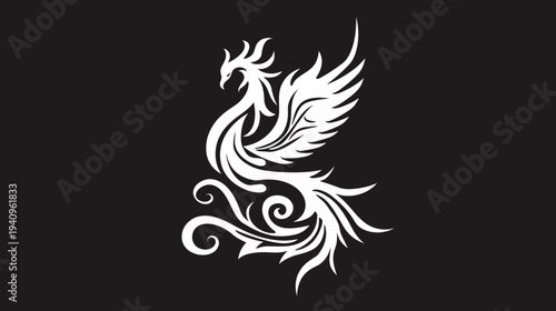 Elegant white phoenix illustration soaring on black backdrop symbol of rebirth