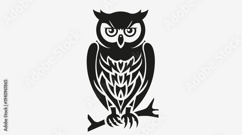 Black owl silhouette perched on branch against white background