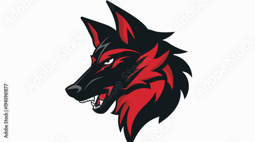Stylized wolf head illustration in red and black on white background