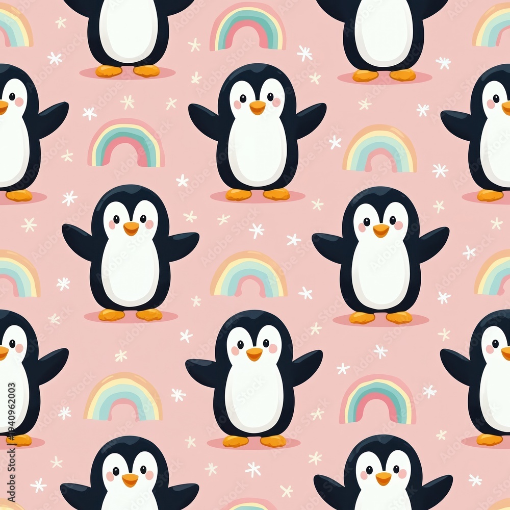 Obraz premium Cute cartoon penguins and rainbows create a seamless pattern. Perfect for kids fabric, wrapping paper, and winter holiday designs. This playful illustration brings joy to any project.